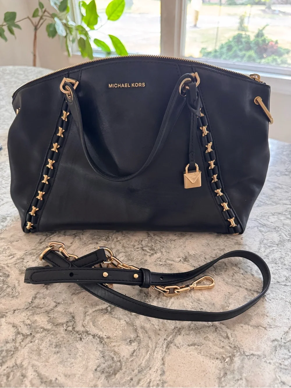 Michael Kors Black Tote with Gold Hardware and Braided Side Detail